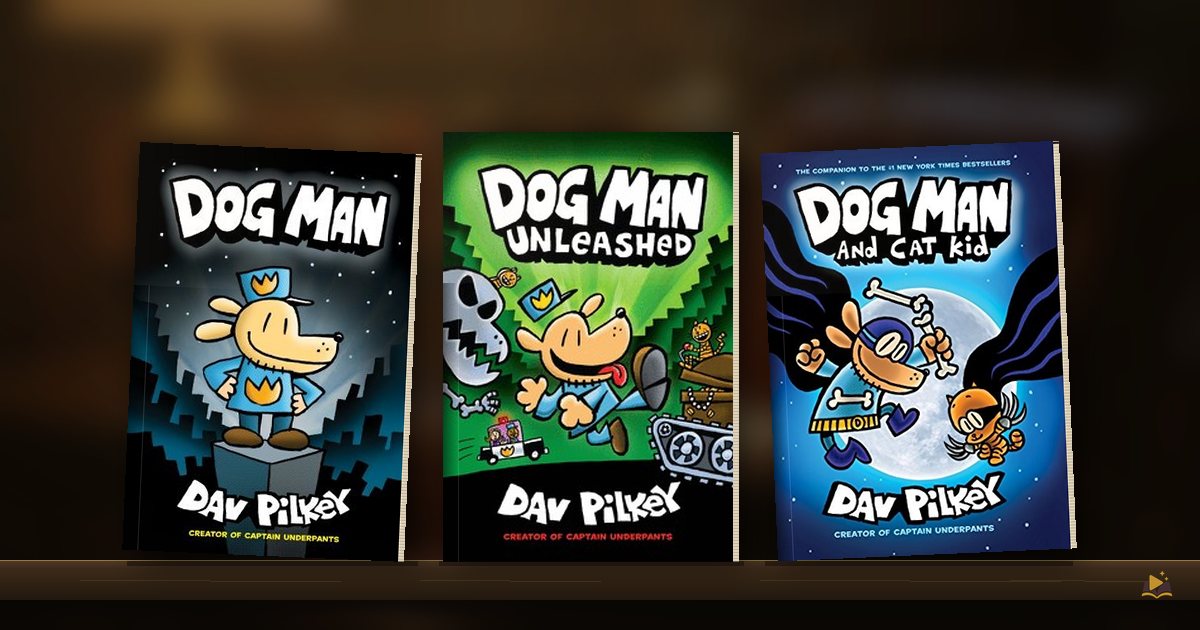 Book covers on a library shelf: Dog Man by Dav Pilkey, Dog Man Unleashed by Dav Pilkey and Dog Man and Cat Kid by Dav Pilkey