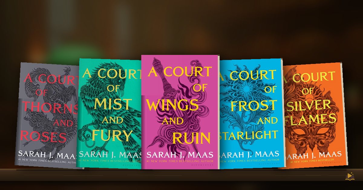 Book covers on a library shelf: A Court of Thorns and Roses, A Court of Mist and Fury, A Court of Wings and Ruin, A Court of Frost and Starlight and A Court of Silver Flames