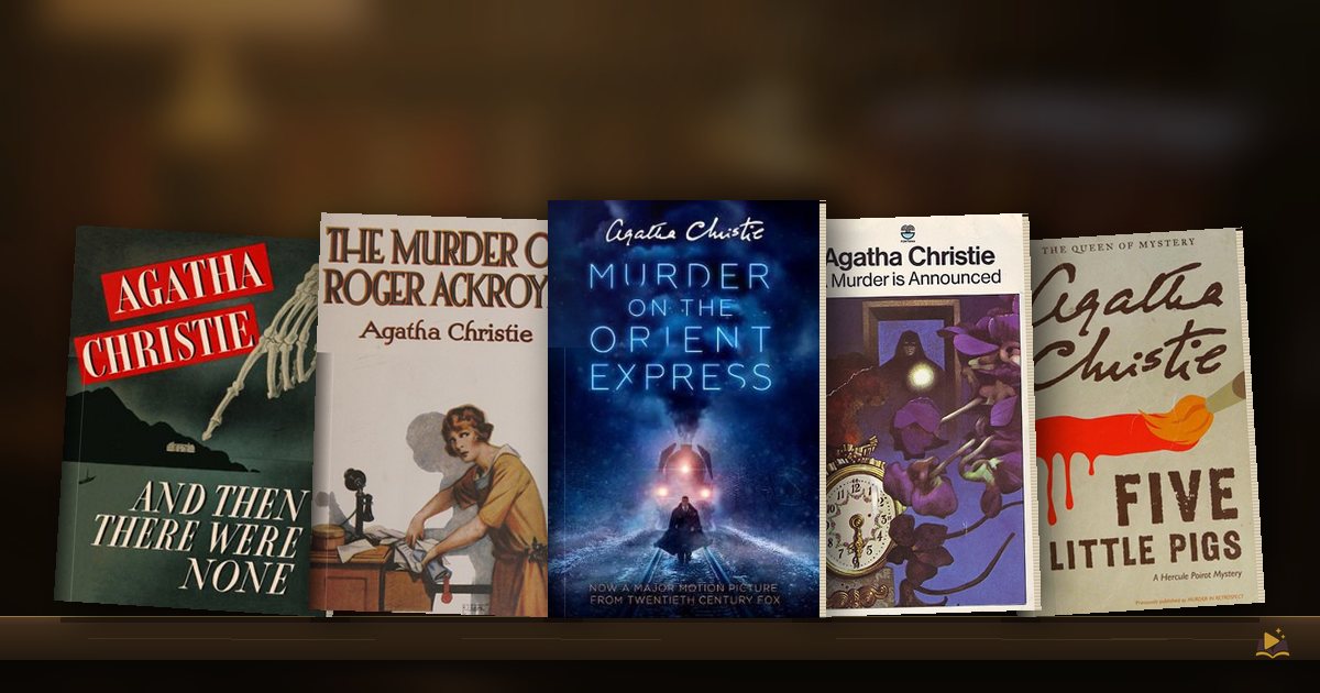 Book covers on a library shelf: And Then There Were None by Agatha Christie, The Murder of Roger Ackroyd by Agatha Christie, Murder on the Orient Express by Agatha Christie, A Murder Is Announced by Agatha Christie and Five Little Pigs by Agatha Christie