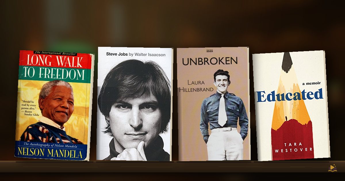 Book covers on a library shelf: Long Walk to Freedom by Nelson Mandela, Steve Jobs by Walter Isaacson, Unbroken by Laura Hillenbrand and Educated by Tara Westover