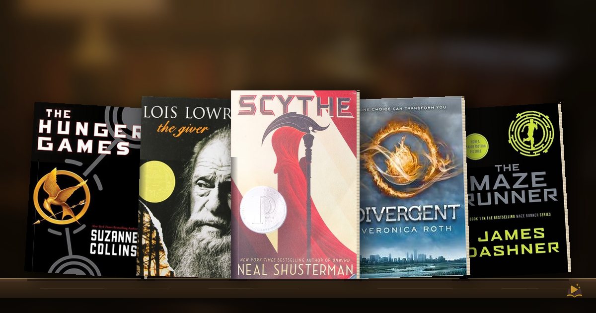 Book covers on a library shelf: The Hunger Games by Suzanne Collins, The Giver by Lois Lowry, Scythe by Neal Shusterman, Divergent by Veronica Roth and The Maze Runner by James Dashner
