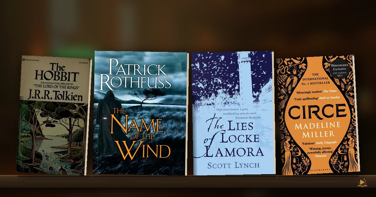 Book covers on a library shelf: The Hobbit by J. R. R. Tolkien, The Name of the Wind by Patrick Rothfuss, The Lies of Locke Lamora by Scott Lynch and Circe by Madeline Miller