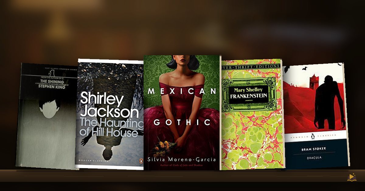 Book covers on a library shelf: The Shining by Stephen King, The Haunting of Hill House by Shirley Jackson, Mexican Gothic by Silvia Moreno-Garcia, Frankenstein by Mary Shelley and Dracula by Bram Stoker