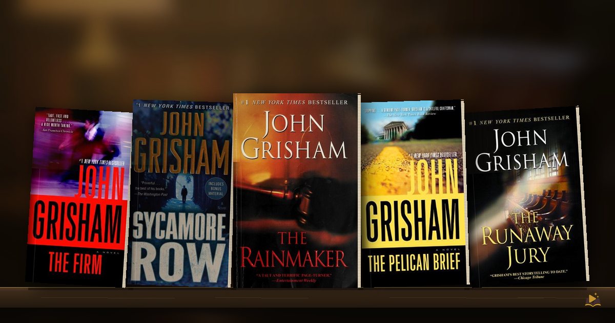 Book covers on a library shelf: The Firm by John Grisham, Sycamore Row by John Grisham, The Rainmaker by John Grisham, The Pelican Brief by John Grisham and The Runaway Jury by John Grisham