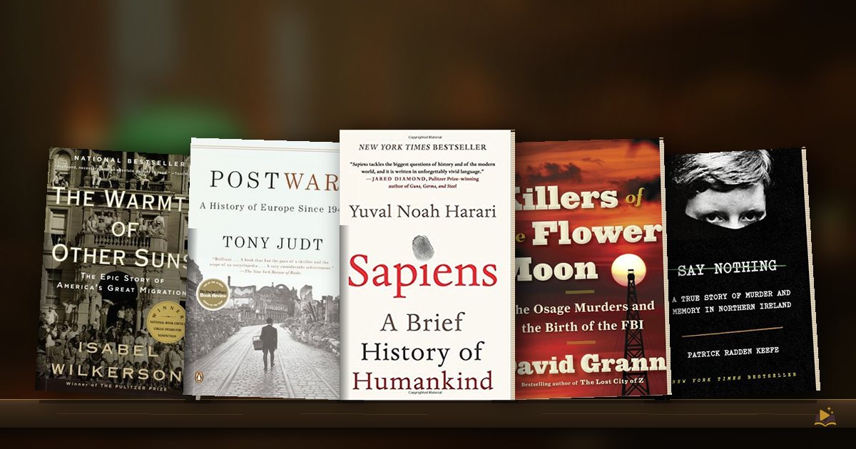 Book covers on a library shelf: The Warmth of Other Suns by Isabel Wilkerson, Postwar by Tony Judt, Sapiens by Yuval Noah Harari, Killers of the Flower Moon by David Grann and Say Nothing by Patrick Radden Keefe