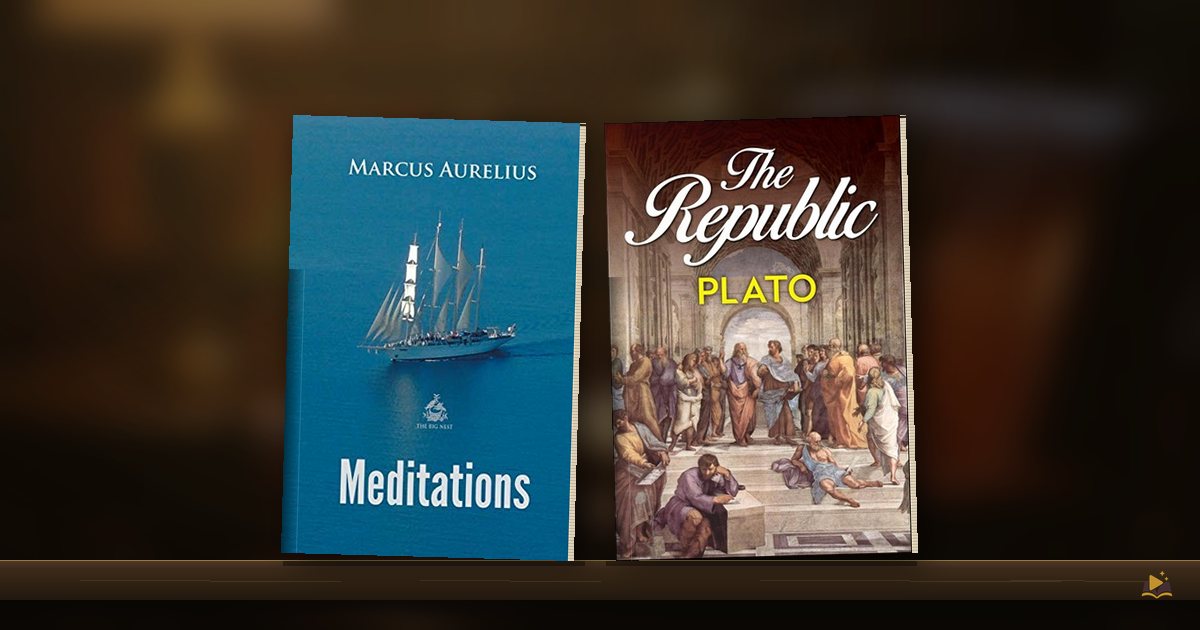 Book covers on a library shelf: Meditations by Marcus Aurelius and The Republic by Plato