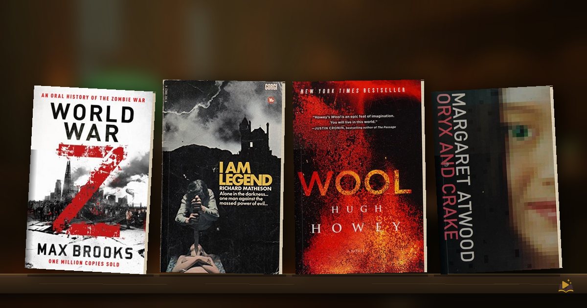 Book covers on a library shelf: World War Z by Max Brooks, I Am Legend by Richard Matheson, Wool by Hugh Howey and Oryx and Crake by Margaret Atwood