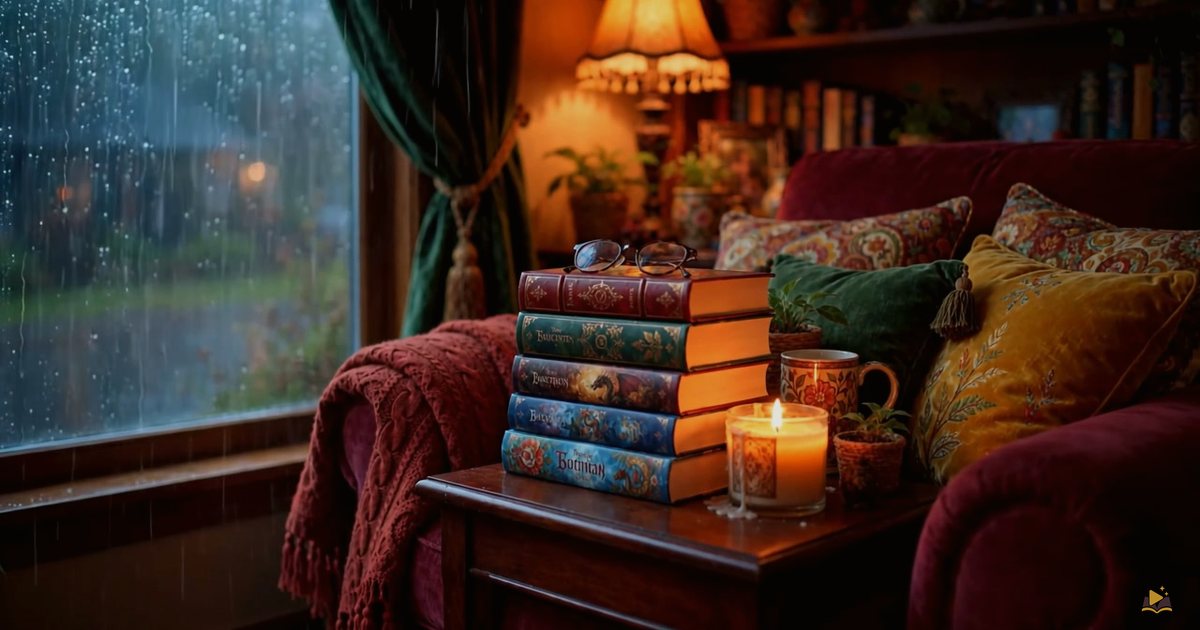A lamplit reading scene (rainy window nook) for How to Build the Perfect Reading Nook (Chairs, Lighting, Blankets)