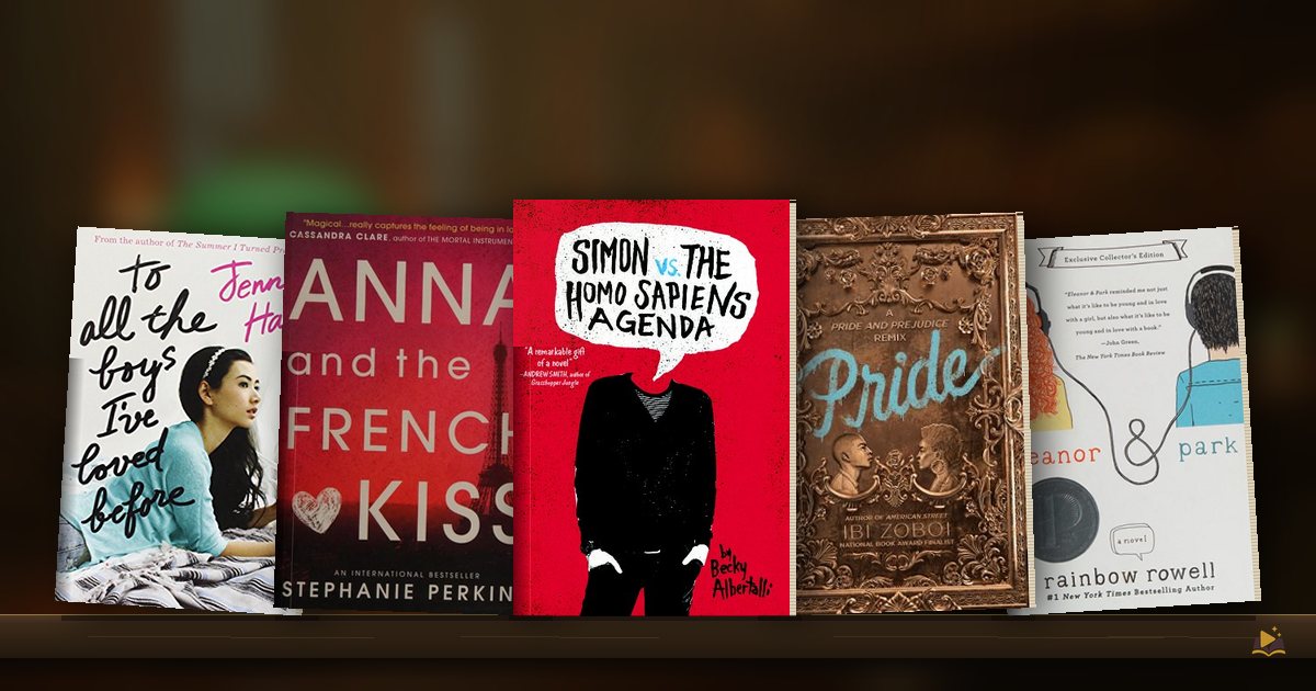Book covers on a library shelf: To All the Boys I've Loved Before by Jenny Han, Anna and the French Kiss by Stephanie Perkins, Simon vs. the Homo Sapiens Agenda by Becky Albertalli, Pride by Ibi Zoboi and Eleanor & Park by Rainbow Rowell