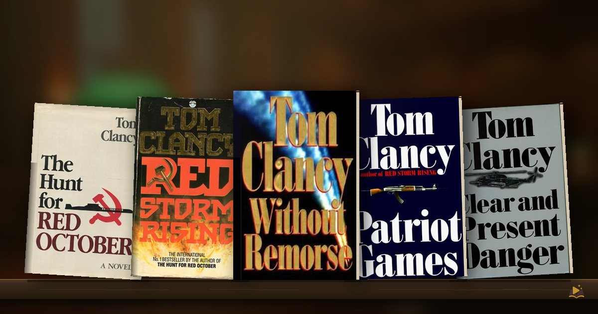 Book covers on a library shelf: The Hunt for Red October by Tom Clancy, Red Storm Rising by Tom Clancy, Without Remorse by Tom Clancy, Patriot Games by Tom Clancy and Clear and Present Danger by Tom Clancy