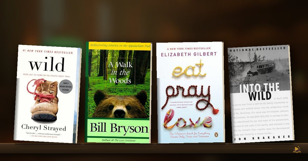 Book covers on a library shelf: Wild by Cheryl Strayed, A Walk in the Woods by Bill Bryson, Eat, Pray, Love by Elizabeth Gilbert and Into the Wild by Jon Krakauer