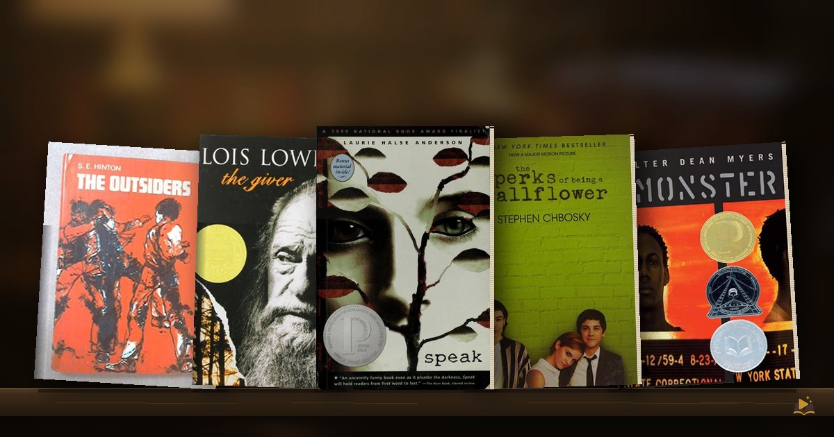 Book covers on a library shelf: The Outsiders by S. E. Hinton, The Giver by Lois Lowry, Speak by Laurie Halse Anderson, The Perks of Being a Wallflower by Stephen Chbosky and Monster by Walter Dean Myers