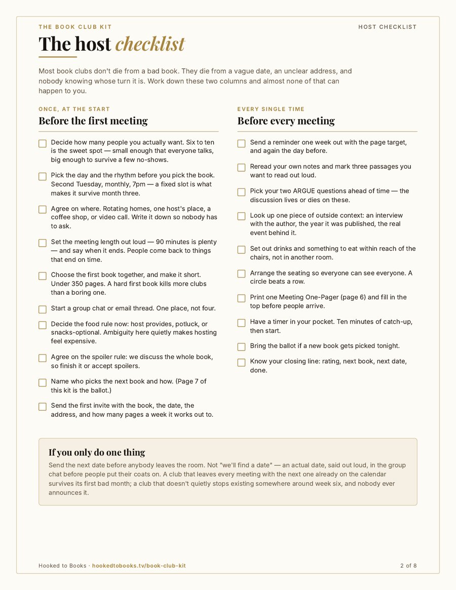 Page 2 of the Book Club Kit: the host checklist, two columns of printable checkboxes