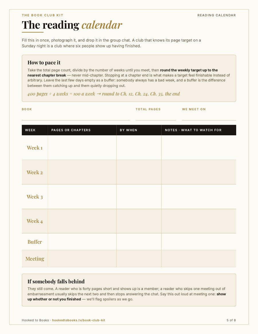 Page 5 of the Book Club Kit: a fill-in four-week reading calendar grid