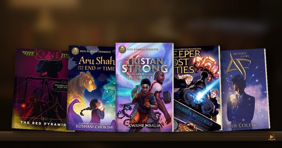 Book covers on a library shelf: The Red Pyramid by Rick Riordan, Aru Shah and the End of Time by Roshani Chokshi, Tristan Strong Punches a Hole in the Sky by Kwame Mbalia, Keeper of the Lost Cities by Shannon Messenger and Artemis Fowl by Eoin Colfer