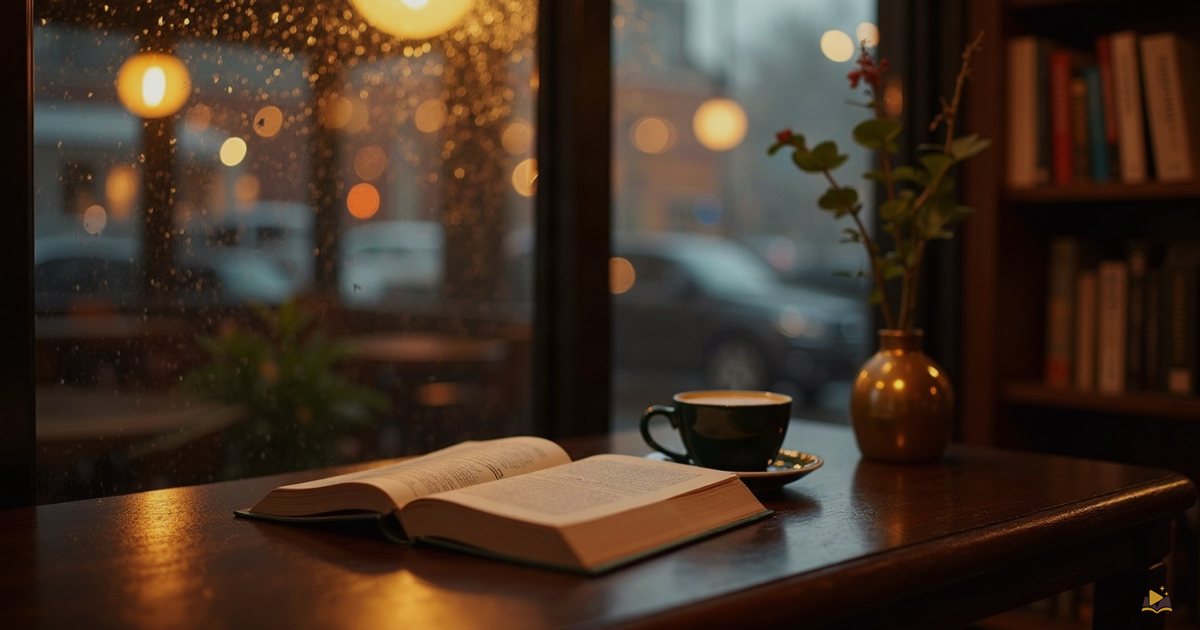 A lamplit reading scene (rainy cafe) for How to Tell If a Book Was Written by AI