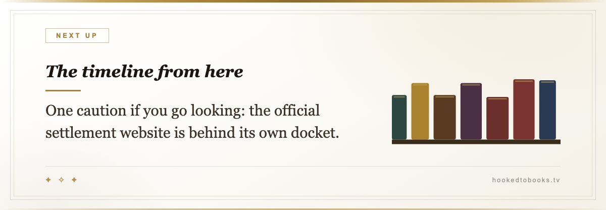 The timeline from here — One caution if you go looking: the official settlement website is behind its own docket.