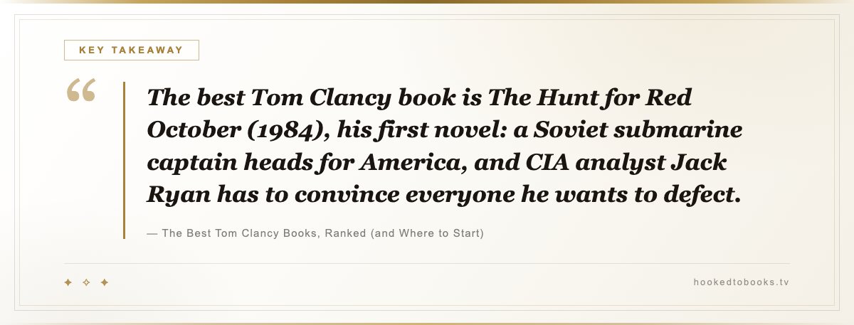 Key takeaway from The Best Tom Clancy Books, Ranked (and Where to Start): “The best Tom Clancy book is The Hunt for Red October (1984), his first novel: a Soviet submarine captain heads for America, and CIA analyst Jack Ryan has to convince everyone he wants to defect.”