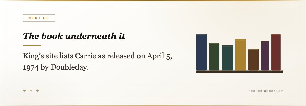 The book underneath it — King’s site lists Carrie as released on April 5, 1974 by Doubleday.