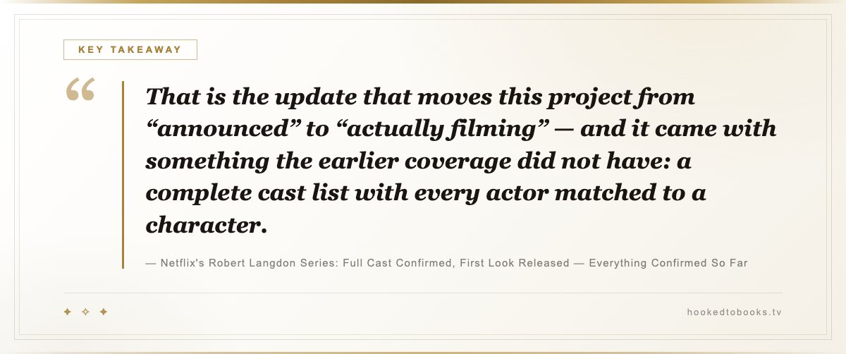 Key takeaway from Netflix's Robert Langdon Series: Full Cast Confirmed, First Look Released — Everything Confirmed So Far: “That is the update that moves this project from “announced” to “actually filming” — and it came with something the earlier coverage did not have: a complete cast list with every actor matched to a character.”