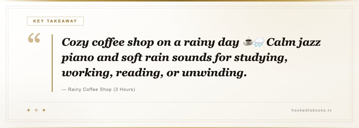Key takeaway from Rainy Coffee Shop (3 Hours): “Cozy coffee shop on a rainy day ☕🌧️ Calm jazz piano and soft rain sounds for studying, working, reading, or unwinding.”