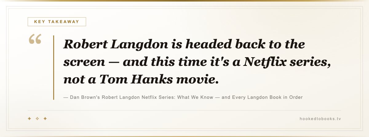 Key takeaway from Dan Brown's Robert Langdon Netflix Series: What We Know — and Every Langdon Book in Order: “Robert Langdon is headed back to the screen — and this time it's a Netflix series, not a Tom Hanks movie.”