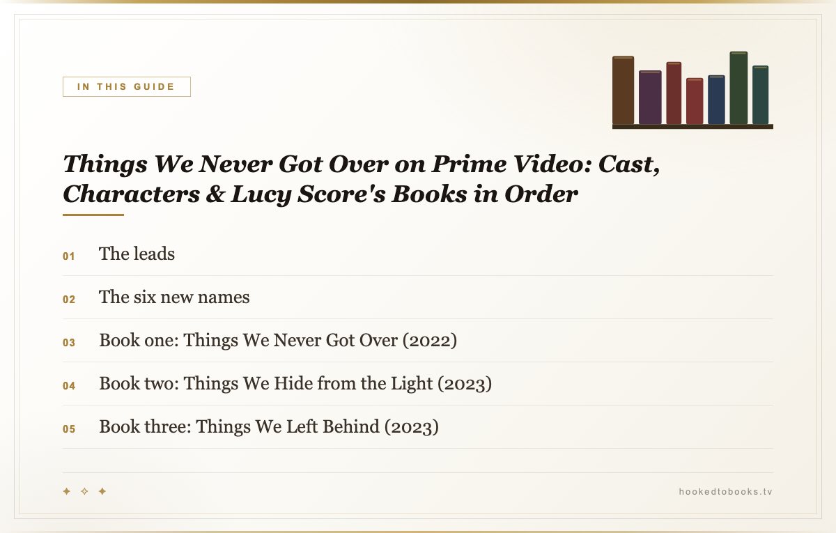 In this guide: The leads; The six new names; Book one: Things We Never Got Over (2022); Book two: Things We Hide from the Light (2023); Book three: Things We Left Behind (2023)