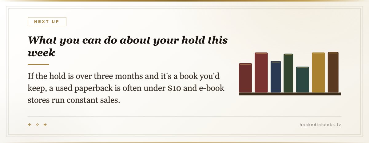 What you can do about your hold this week — If the hold is over three months and it's a book you'd keep, a used paperback is often under $10 and e-book stores run constant sales.