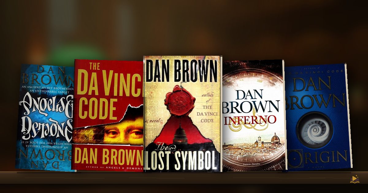 Book covers on a library shelf: Angels & Demons by Dan Brown, The Da Vinci Code by Dan Brown, The Lost Symbol by Dan Brown, Inferno by Dan Brown and Origin by Dan Brown